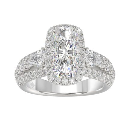 Ladies 14K White Gold 3 1/2CT Featuring Fashion Ring  with Round, Pear & Cushion Diamond 2.00CT Cushion  Center stone (Color F-G -Clarity VS1/VS2)