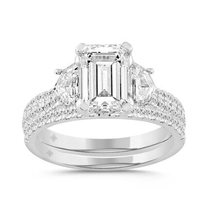 LADIES BRIDAL SET 3 1/4CT ROUND/EMERALD/CADILLAC DIAMOND 14K WHITE GOLD (CENTER STONE EMERALD DIAMOND 2CT )