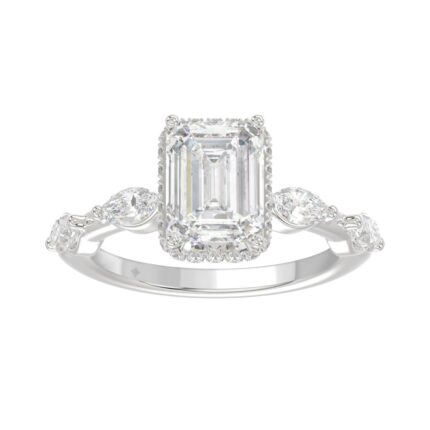 LADIES RING 3 1/2CT ROUND/MARQUISE/EMERALD DIAMOND 14K WHITE GOLD (CENTER STONE EMERALD DIAMOND 3.00CT)
