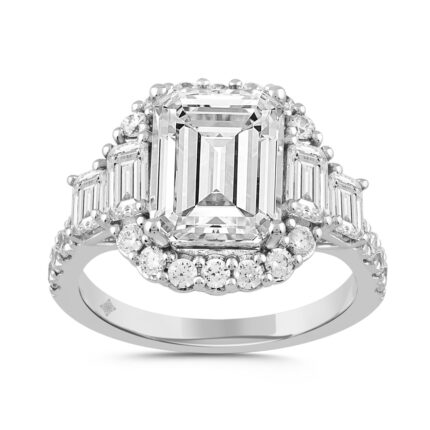 LADIES RING 4 1/2CT ROUND/EMERALD DIAMOND 14K WHITE GOLD