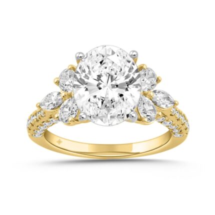 LADIES RING 4 1/3CT ROUND/PEAR/OVAL/MARQUISE DIAMOND 14K YELLOW GOLD (CENTER STONE OVAL DIAMOND 3.00CT)