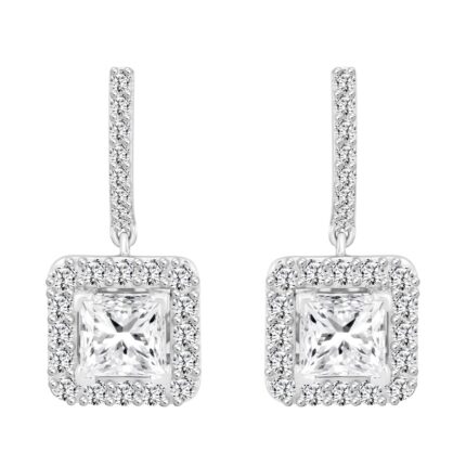 LADIES EARRINGS 3CT PRINCESS/ROUND DIAMOND 14K WHITE GOLD (CENTER STONE PRINCESS DIAMOND 2CT )