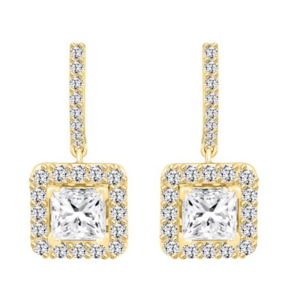 LADIES EARRINGS 3CT PRINCESS/ROUND DIAMOND 14K YELLOW GOLD (CENTER STONE PRINCESS DIAMOND 2CT )
