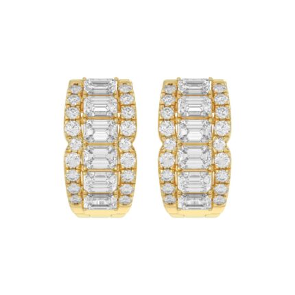 14K YELLOW GOLD 1 3/4CT ROUND/EMERALD DIAMOND HOOP EARRINGS