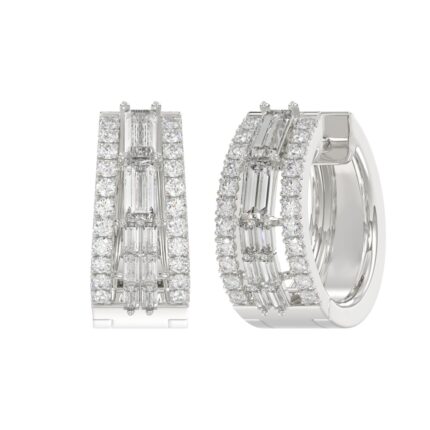 Classic 10K White Gold  Round & Baguette Lab Grown Diamond ladies Hoop Earrings 3/4CT (Color F-G -Clarity VS1/VS2)