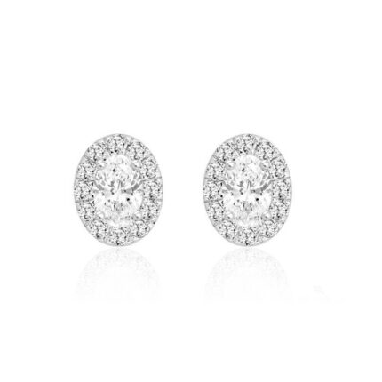 LADIES STUD EARRINGS 1CT OVAL/ROUND DIAMOND 14K WHITE GOLD