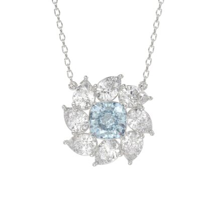 14K WHITE GOLD CRAFTED WITH 18K YELLOW GOLD BACK PLATE 2CT PEAR/BLUE CUSHION DIAMOND LADIES NECKLACE WITH CHAIN