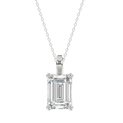LADIES SOLITAIRE PENDANT WITH CHAIN 4CT EMERALD DIAMOND 14K WHITE GOLD