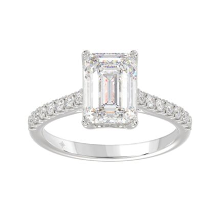 Emerald Cut Lab Grown Diamond Engagement Ring In 14K White Gold 3 1/4Ct Round & Emerald Diamond Ring 3.00Ct Emerald  Center Stone (Color F-G -Clarity