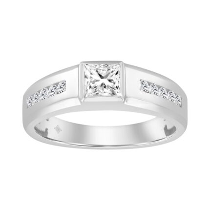 14K WHITE GOLD 1.00CT ROUND/PRINCESS DIAMOND MEN'S RING (CENTER STONE PRINCESS DIAMOND 3/4CT)