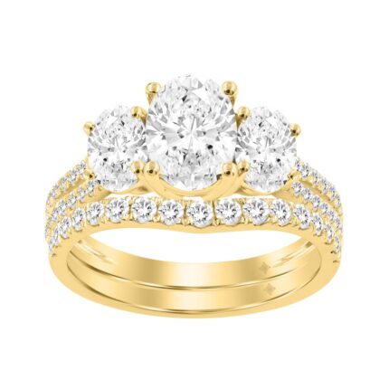 14K Yellow Gold 2 3/8Ct Oval & Round Diamond Bridal Set 1.00Ct Center Stone Oval Diamond Three Stone Engagement Ring With Matching Wedding Band For Wo