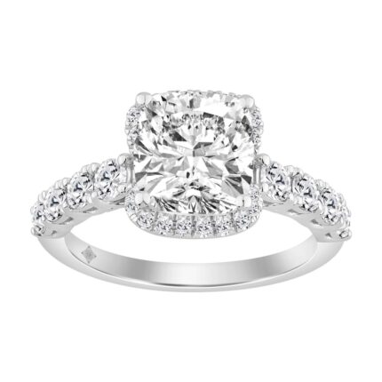 Elegance Ladies 3 1/2CT Round/Baguette/Cushion Lab Grown Diamond Bridal Ring 14K White Gold Ladies Engagement Ring with 3.00CT Cushion Center stone (C