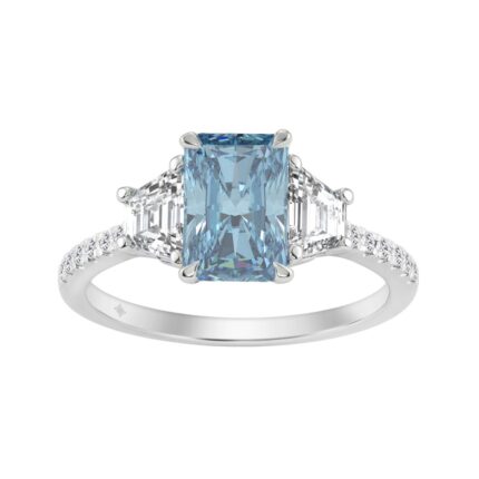 14K White Gold 2 1/4 Ct RADIANT Cut Blue Diamond & Trapezoid/Round Diamond Ring  RADIANT Blue 1 1/2Ct Center Stone For Women Engagement Ring, Fine