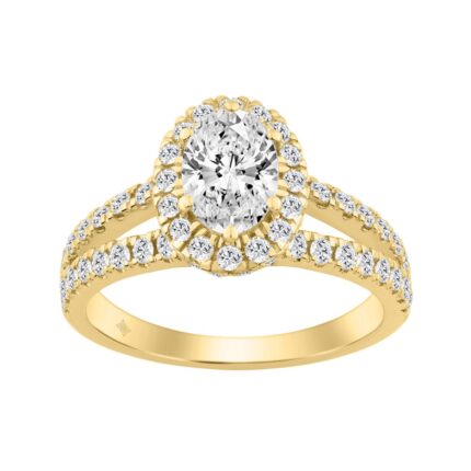14K Yellow Gold 2.00 Ct Round & Oval Diamond Halo Engagement Ring  1.00 Ct Center Oval Bridal Ring For Women (Color F-G -Clarity Vs1/Vs2)