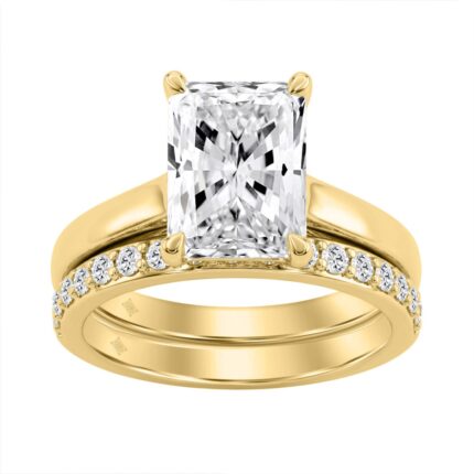 Luxury 18K Yellow Gold 3 1/3Ct Radiant & Round Diamond Bridal Set 3.00Ct Radiant Cut Engagement Ring With Matching Wedding Band (Color F-G -Clarit