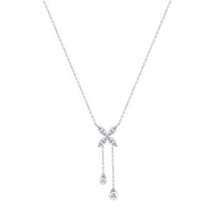 Elegant 10K White Gold Marquise Diamond 3/4Ct & Pearl Butterfly Drop Necklace Fine Jewelry Gift For Her (Color F-G Clarity Vs1/Vs2)