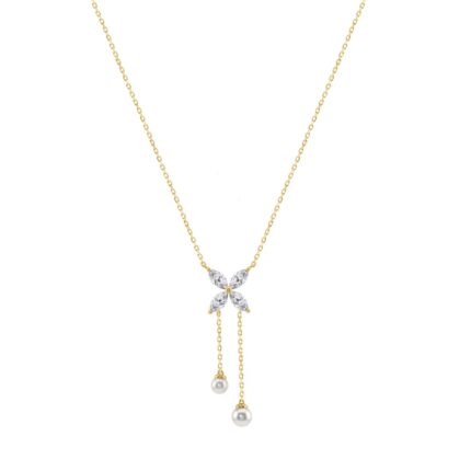 Elegant 10K Yellow Gold Marquise Diamond 3/4Ct & Pearl Butterfly Drop Necklace Fine Jewelry Gift For Her (Color F-G Clarity Vs1/Vs2)