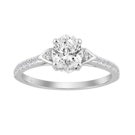 14K WHITE GOLD 1.00CT ROUND/OVAL DIAMOND LADIES BRIDAL RING (CENTER STONE OVAL DIAMOND 3/4CT)