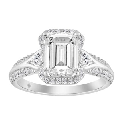 Elegance Ladies 14K White Gold 3 1/2CT Round Lab Grown Diamond Bridal Ring & Emerald Cut Halo Engagement Ring for Women (3.00CT Emerald Center stone (