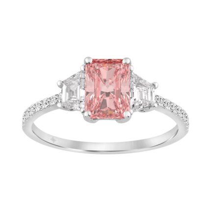 Ladies 14K White Gold 1 1/2CT Round/Trapezoid/Radiant Lab-Grown Diamond Ladies Fashion Ring 1.00CT Pink Radiant Center stone (Color F-G -Clarity VS1/V