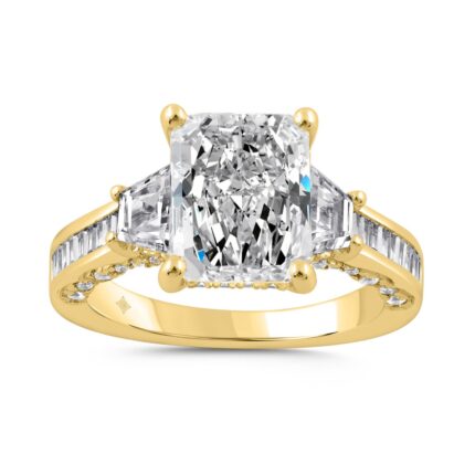 Luxury 14K Yellow Gold 4 1/4Ct Radiant & Round Lab Grown Diamond Engagement Ring 3.00Ct Radiant Center Stone With Trapezoid & Baguette Side Stones Tri