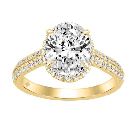Luxury 14K Yellow Gold 3 1/2Ct Round & Oval Lab-Grown Diamond Halo Ring Elegant Bridal Engagement Ring For Women 3Ct Oval Center Stone (Color F-G -Cla