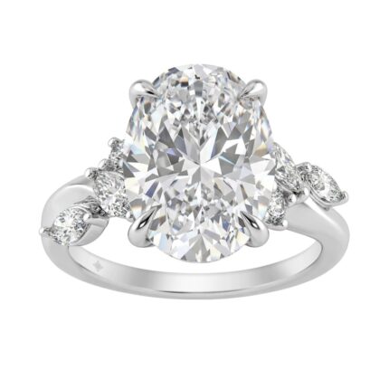 14K White Gold 5 1/2Ct Lab-Grown Diamond Engagement Ring For Women 5Ct Oval Center Stone With Marquise/Round Side Stones, Luxury Bridal Ring (Color F-
