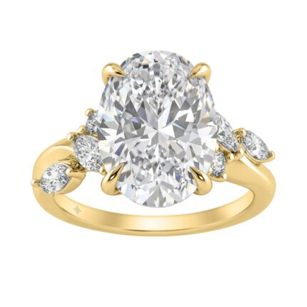 14K Yellow Gold 5 1/2Ct Lab-Grown Diamond Engagement Ring For Women 5Ct Oval Center Stone With Marquise/Round Side Stones, Luxury Bridal Ring (Color F