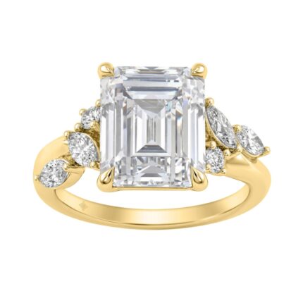 Luxury 14K Yellow Gold 5 1/2Ct Lab-Grown Diamond Ring 5Ct Emerald Center With Marquise & Round Side Stones For Women Engagement Ring (Color F-G -Clari