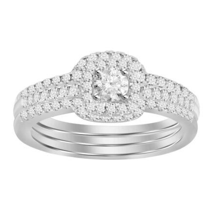 LADIES BRIDAL SET WITH TWO BANDS 0.80CT ROUND DIAMOND 14K WHITE GOLD