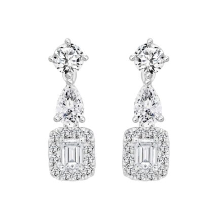 LADIES EARRINGS 2CT ROUND/EMERALD/PEAR DIAMOND 14K WHITE GOLD (CENTER STONE EMERALD DIAMOND 1/2CT )