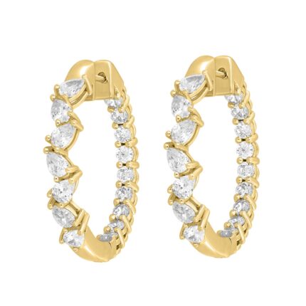 LADIES HOOP EARRINGS 4 3/4CT PEAR/ROUND DIAMOND 14K YELLOW GOLD