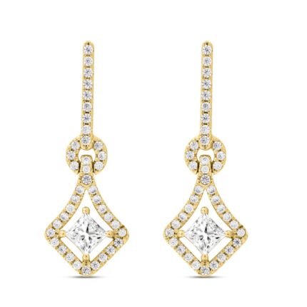 LADIES EARRINGS 1 1/3CT ROUND/PRINCESS DIAMOND 14K YELLOW GOLD