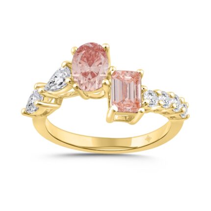 ETERNAL BLUSH COLLECTION LADIES RING 2 1/4CT ROUND/EMERALD/PEAR/OVAL DIAMOND 14K YELLOW GOLD (CENTER STONE PINK OVAL DIAMOND 3/4CT /EMERALD  3/4CT)