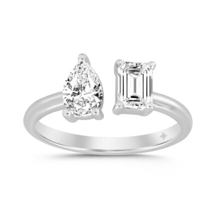 LADIES RING 2CT EMERALD/PEAR DIAMOND 14K WHITE GOLD