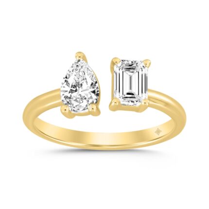 LADIES RING 2CT EMERALD/PEAR DIAMOND 14K YELLOW GOLD