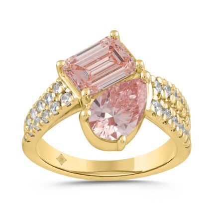ETERNAL BLUSH COLLECTION LADIES RING 4CT ROUND/EMERALD/PEAR DIAMOND 14K YELLOW GOLD (CENTER STONE PINK EMERALD DIAMOND 1CT / PINK PEAR DIAMOND 1 1/2CT