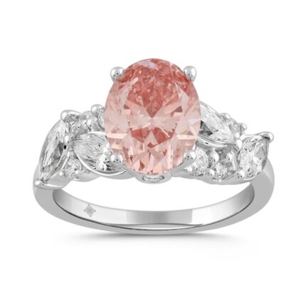 ETERNAL BLUSH COLLECTION LADIES RING 3 1/4CT ROUND/MARQUISE/OVAL DIAMOND 14K WHITE GOLD (CENTER STONE PINK OVAL DIAMOND 2CT)