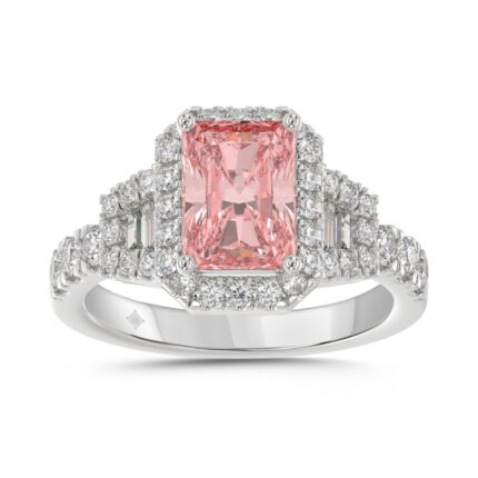ETERNAL BLUSH COLLECTION 14K WHITE GOLD 2 3/4CT ROUND/BAGUETTE/RADIANT DIAMOND LADIES  RING (CENTER STONE PINK RADIANT DIAMOND 2.00CT)