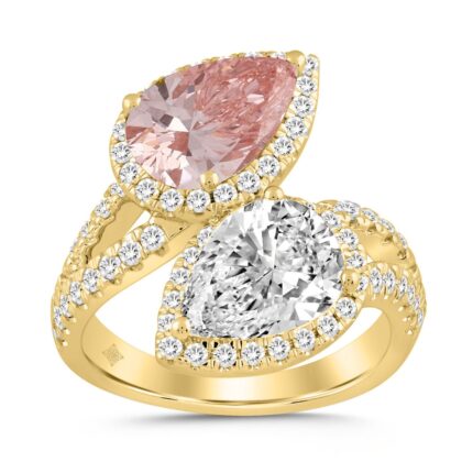 ETERNAL BLUSH COLLECTION LADIES RING 4 3/4CT ROUND/PEAR DIAMOND 14K YELLOW GOLD (CENTER STONE PINK PEAR DIAMOND 2CT)