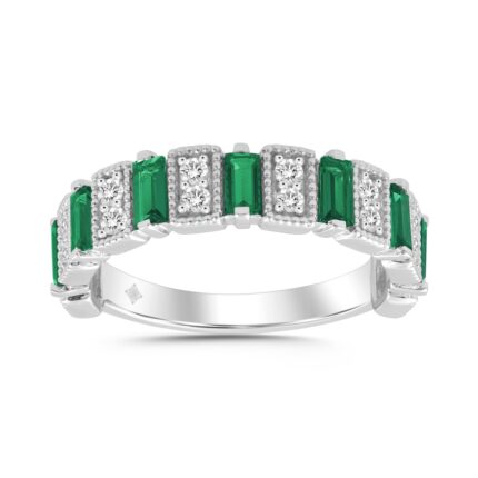 LADIES BAND 1/3CT ROUND/BAGUETTE/EMERALD DIAMOND 14K WHITE GOLD (CENTER STONE EMERALD DIAMOND 3/4CT )