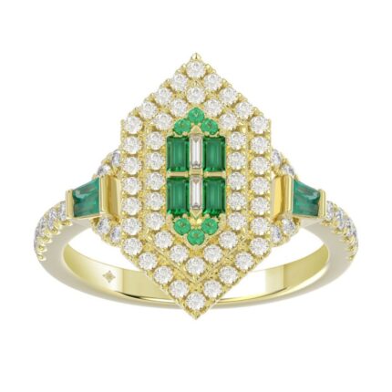 14K YELLOW GOLD 1 1/6CT ROUND/BAGUETTE/EMERALD DIAMOND LADIES RING (GREEN EMERALD BAGUETTE DIAMOND 1/6CT)