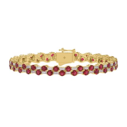 14K YELLOW GOLD 9.00CT BAGUETTE/ROUND RUBY DIAMOND LADIES BRACELET (ROUND RUBY 7 3/4CT)
