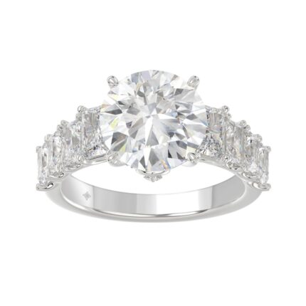 LADIES BRIDAL RING 4.75CT ROUND/EMERALD DIAMOND 14K WHITE GOLD (CENTER STONE ROUND DIAMOND 3.00CT)