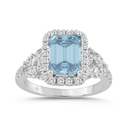 14K WHITE GOLD 4 1/2CT ROUND/MARQUISE/EMERALD DIAMOND LADIES RING (CENTER STONE BLUE EMERALD DIAMOND 2CT)