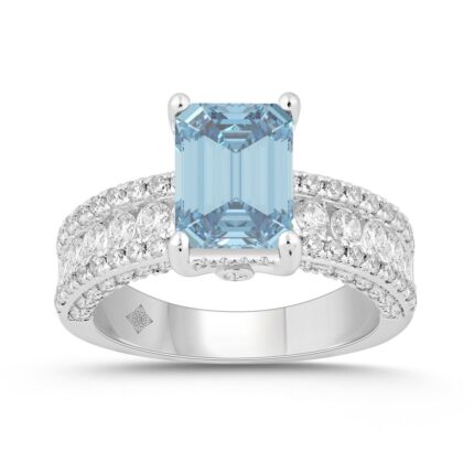 14K WHITE GOLD 4 1/2CT ROUND/EMERALD DIAMOND LADIES RING (CENTER STONE BLUE EMERALD DIAMOND 3CT)