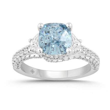 14K WHITE GOLD 4 1/4CT ROUND/CUSHION/TRAPEZOID DIAMOND LADIES RING (CENTER STONE BLUE CUSHION DIAMOND 3CT)
