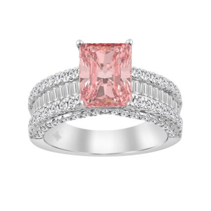 14K WHITE GOLD 4 1/4CT ROUND/RADIANT/BAGUETTE DIAMOND LADIES RING (CENTER STONE RADIANT PINK DIAMOND 3CT)