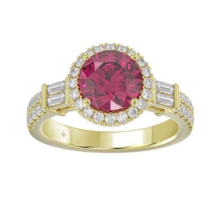 14K YELLOW GOLD 2 1/2CT ROUND/BAGUETTE DIAMOND LADIES RING (CENTER STONE ROUND RUBY DIAMOND 2CT)