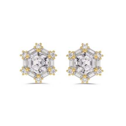 14K YELLOW GOLD 1 1/4CT ROUND/BAGUETTE/HEZAGON STEP CUT DIAMOND LADIES EARRINGS